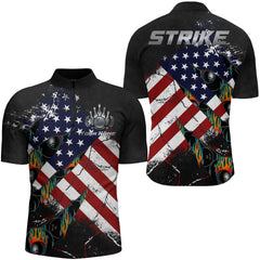 MaxCorners Bowling Ball And Pins American Flag Patriot League Customized Name, Team Name 3D Stand Collar Zipper Polo Shirt