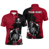 Maxcorners Personalized Red And Black Skeleton Bowling Shirt For Men Skull Bowling Jersey Polo Bowling Shirt