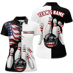 Maxcorners Us Flag Bowling Shirt Funny Black & White Bowling Jersey Men And Women Polo Performance Bowling Shirt
