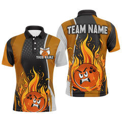 Maxcorners Bowling And Pins Funny Flame Orange Customized Name, Team Name 3D Polo Shirt