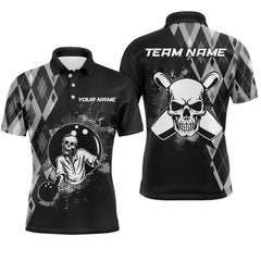 Maxcorners Bowling And Pins Black Men Skull Customized Name, Team Name 3D Polo Shirt