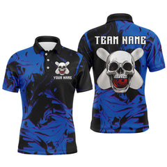 Maxcorners Skull Bowling Jersey Men Women Custom Blue Bowling Shirts Polo Bowling Team Shirt
