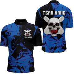 Maxcorners Skull Bowling Jersey Men Women Custom Blue Bowling Shirts Polo Bowling Team Shirt