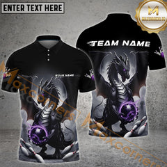 Maxcorners Custom Black And Purple Dragon Bowling Team Polo Shirts For Men, Dragon Bowling Jerseys