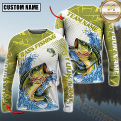 Maxcorners Bass Fishing Jersey Green Splash Personalized Name, Team Name 3D Long Sleeve Shirt
