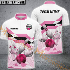 MaxCorners Bowling And Pins Pink Ball Customized Name, Team Name 3D Zipper Polo Shirt For Men