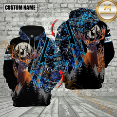 Maxcorners Blue Camo Deer Hunting Custom Name Buck Deer With Forest Background 3D Hoodie All Over Printed Clothes
