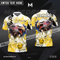 Maxcorners Bowling And Pins Eagle American Flag Paint Pattern Customized Name, Team Name 3D Polo Shirt (4 colors)