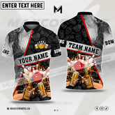 Maxcorners Bowling Ball & Pins Beer Flame Grey Smoke Pattern Multicolor Customized Name, Team Name 3D Polo Shirt (4 Colors)