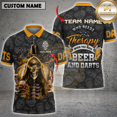 Maxcorners Darts Skull And Beer Who Needs Theraphy When You Have Beer And Darts Personalized Name, Team Name 3D Shirt
