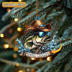 Maxcorners Personalized Cowboy Bass Fishing with Rod Christmas 3D Ornament, Custom Holiday Tree Decor, Perfect Gift for Fishermen