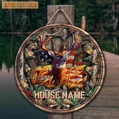 Maxcorners Best Cracked Flag Deer Hunting Customized House Name Halloween Wooden Sign