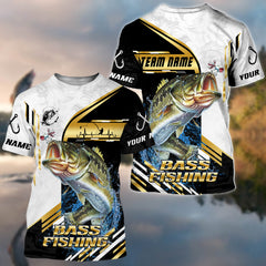 Maxcorners Bass Fishing Hook Graphic & Jumping Fish Art Personalized Name, Team Name 3D Long Sleeve Shirt