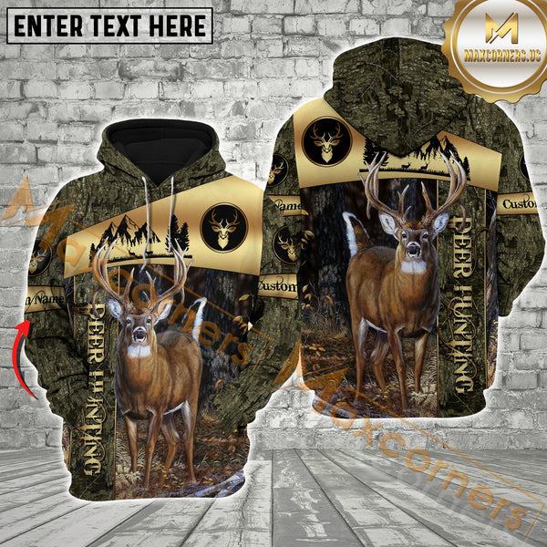 Maxcorners Deer Hunting Golden Pattern Moss Camouflage Custom Name Shirt 3D All Over Printed Clothes