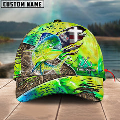 Maxcorners Mahi-Mahi Fishing American Flag & Cross Design With Camo Detail Multicolor Personalized Name 3D Cap