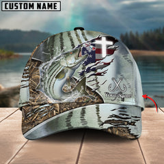 Maxcorners Stripped Bass Fishing American Flag & Cross Design with Camo Detail Multicolor Personalized Name 3D Cap