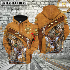 Maxcorners Brown Leather Style Deer Hunting Custom Name Buck Hunter Apparel With Grass Brown Camo 3D Hoodie All Over Printed Clothes