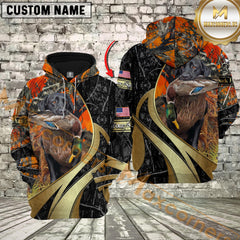 Maxcorners Orange Camo Duck Hunting Custom Name Hunter Apparel With American Flag 3D Hoodie All Over Printed Clothes