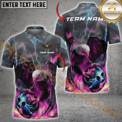 Maxcorners Thunder Lightning Flame Eagle Bowling Jersey Multicolor Option Personalized Name, Team Name 3D Polo Shirt