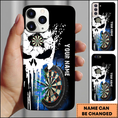 Maxcorners Darts Punisher Skull Cracked Board Blue Flame Personalized Name 3D Phone Case