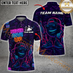 Maxcorners Neon Bowling Shirt - Never Give Up Multicolor Customized Name, Team Name 3D Shirts