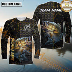 Maxcorners Bass Fishing Jersey Gold Black Honeycomb Sport Jersey Personalized Name, Team Name Long Sleeve Shirt
