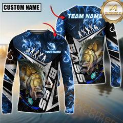 Maxcorners Bass Fishing Silver Line Blue Flame Pattern Jersey Personalized Name, Team Name Long Sleeve Shirt
