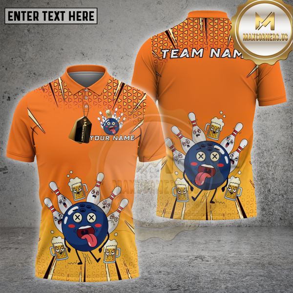 Maxcorners Bowling Shirt Beer Mug Strike Bowling Ball Funny Face  Personalized Name, Team Name Unisex 3D Shirt