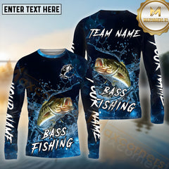 Maxcorners Bass Fishing Blue Splash Water Effect Pattern Sport Jersey Personalized Name, Team Name Long Sleeve Shirt