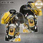 Maxcorners Bowling Shirt Happy Beer Mug Dancing Pose Multicolor Options Personalized Name, Team Name 3D Shirt (4 Colors)