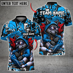 Urban streetwear bowling shirt with a graffiti background, featuring a relaxed cartoon wolf in a red hoodie holding a bowling ball.