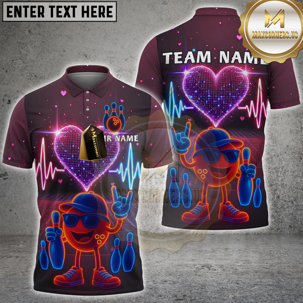 Maxcorners Bowling Shirt Neon Love Heartbeat Design Personalized Name, Team Name 3D Shirt