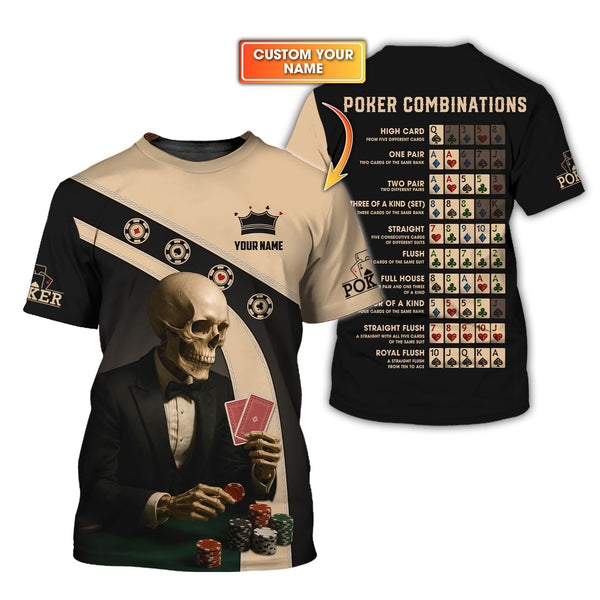 Personalized Name Skeleton Playing Poker Shirts, Funny Poker T-Shirt, Men’s Poker Polos