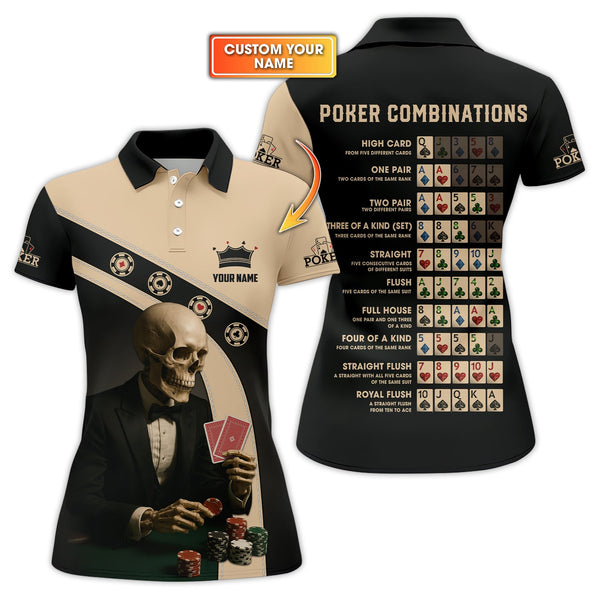Personalized Name Skeleton Playing Poker Shirts, Funny Poker T-Shirt, Men’s Poker Polos