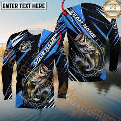 Maxcorners Bass Fishing Blue Power Surge Personalized Name, Team Name Long Sleeve Shirt