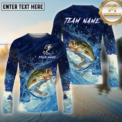 Maxcorners Bass Fishing Blue Wave Spash Pattern Sport Jersey Personalized Name, Team Name Long Sleeve Shirt