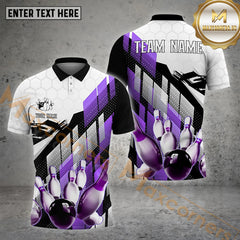 Maxcorners Bowling Ball & Pins White Hexagon Abstract Pattern Personalized Name, Team Name 3D Polo Shirt (4 Colors)