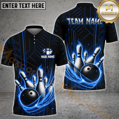 Maxcorners Fire Bowling Ball & Pins Electric Pattern Personalized Name, Team Name 3D Polo Shirt (4 Colors)