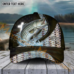 Maxcorners Striped Bass Fishing Cross Skinfish Flag Of United States Sport Pattern Personalized Name 3D Cap MT133