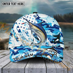 Maxcorners Marlin Fishing Blue White Seawwave American Flag Pattern Sport Pattern Personalized Name 3D Cap MT13