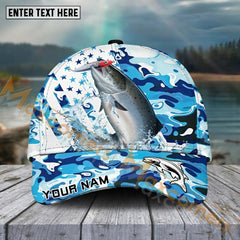 Maxcorners Salmon Fishing Blue White Seawwave American Flag Pattern Sport Pattern Personalized Name 3D Cap MT173