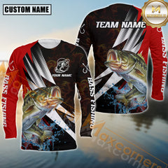 Maxcorners Bass Fishing Red Flame Splash Pattern Sport Jersey Personalized Name, Team Name Long Sleeve Shirt