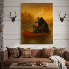 Maxcorners Bear Fishing with Cigar Autumn Lake Rustic Cabin Art Wrapped Canvas