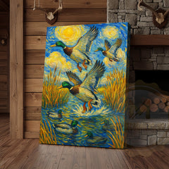 Maxcorners Flying Ducks Van Gogh Style Rustic Hunting Lodge Wall Art Wrapped Canvas