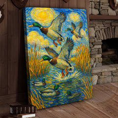 Maxcorners Flying Ducks Van Gogh Style Rustic Hunting Lodge Wall Art Wrapped Canvas