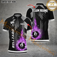 Maxcorners Billiard Grey Line Fire 8 Ball Pattern Personalized Name, Team Name 3D Polo Shirt (4 Colors)
