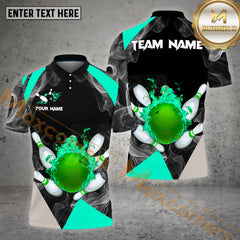Maxcorners Bowling Ball & Pins Flame And Smoke Pattern Jersey Style Personalized Name, Team Name 3D Polo Shirt (4 Colors)