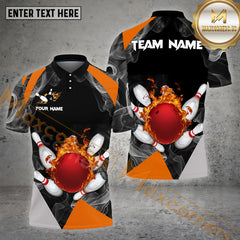 Maxcorners Bowling Ball & Pins Flame And Smoke Pattern Jersey Style Personalized Name, Team Name 3D Polo Shirt (4 Colors)