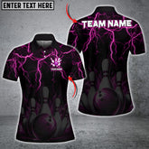 Maxcorners Bowling & Pins Flame Thunder Pattern Multicolor Option Customized Name, Team Name 3D Polo Shirt For Women (6 Colors)