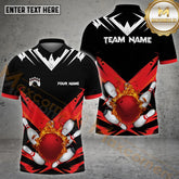 Maxcorners Bowling & Pins Fire Bowling Ball Pattern Multicolor Option Customized Name, Team Name 3D Polo Shirt (4 Colors)